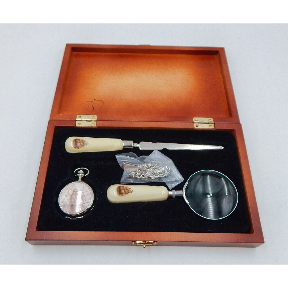 Captains Collectors 3 PC Set Pocket Watch Magnifying Glass For Collections Etc.